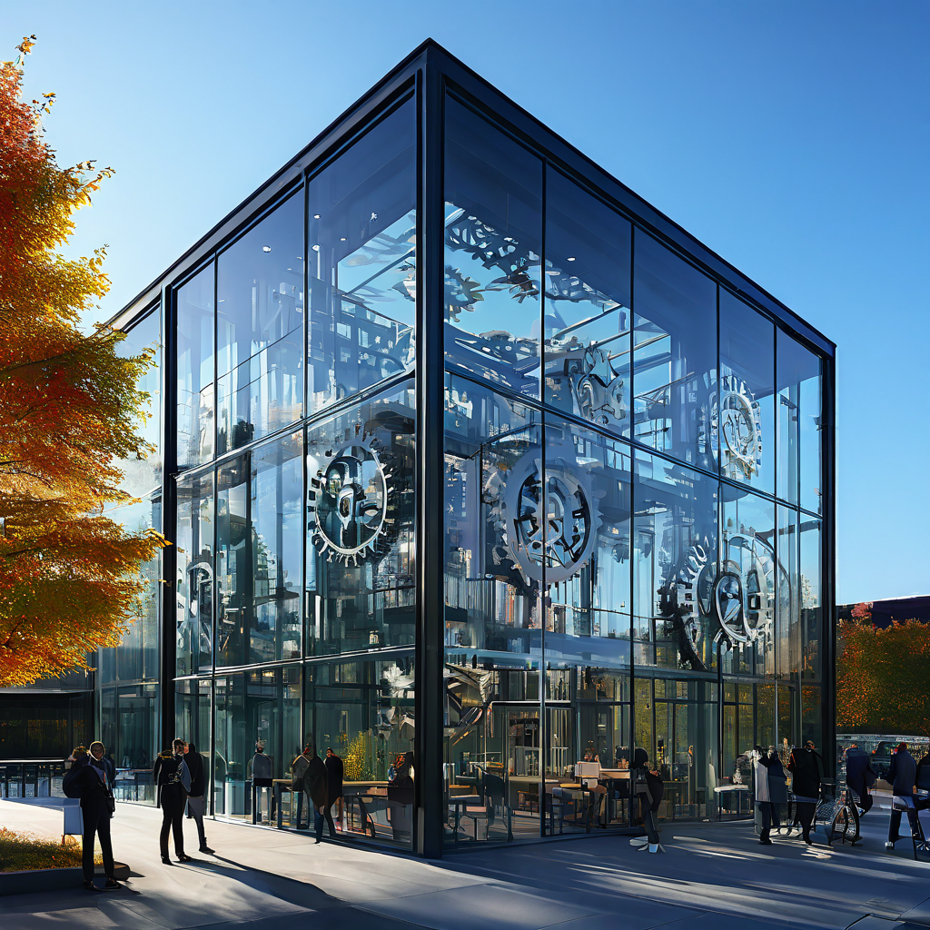 투명한 유리 건물 내부에서 사람들이 업무를 보며 기어가 돌아가는 모습은 기업의 투명성과 신뢰를 상징적으로 표현한 이미지입니다.