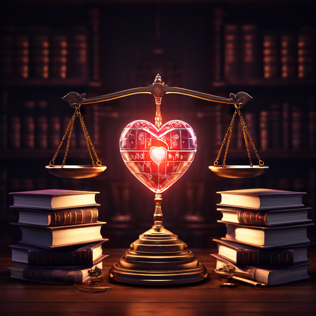 저울 위에 정의의 상징인 법봉과 인간적 가치를 상징하는 심장이 균형을 이루고, 열린 법전과 빛나는 윤리 강령이 배경을 이루며 법과 윤리의 조화를 상징하는 이미지입니다.