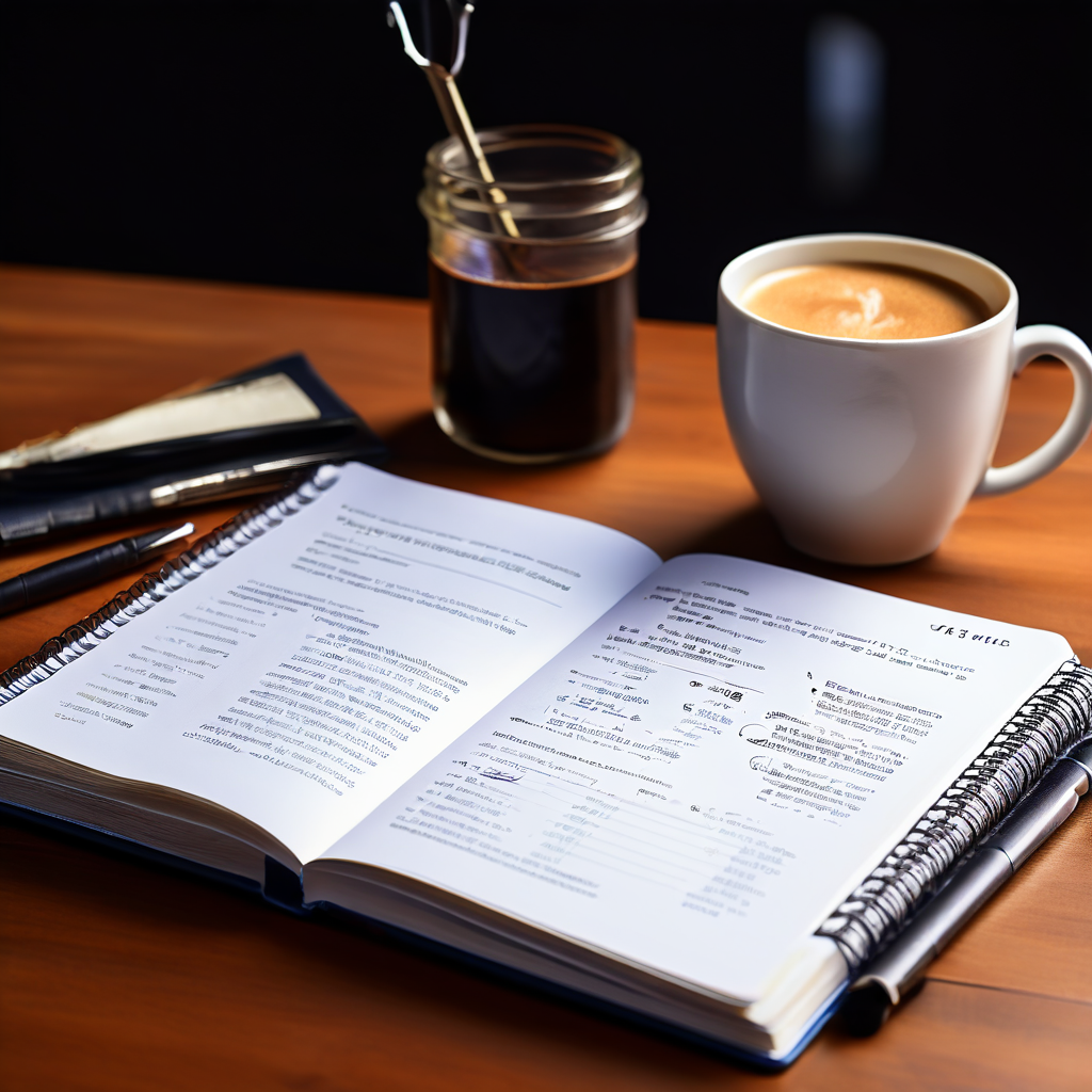 전문 가이드북이 책상 위에 펼쳐져 있으며, 한쪽 페이지에는 핵심 요약이 다른 쪽 페이지에는 실용적인 체크리스트가 정리되어 있고, 옆에는 필기용 펜과 커피가 놓여 있는 모습을 담은 이미지입니다.