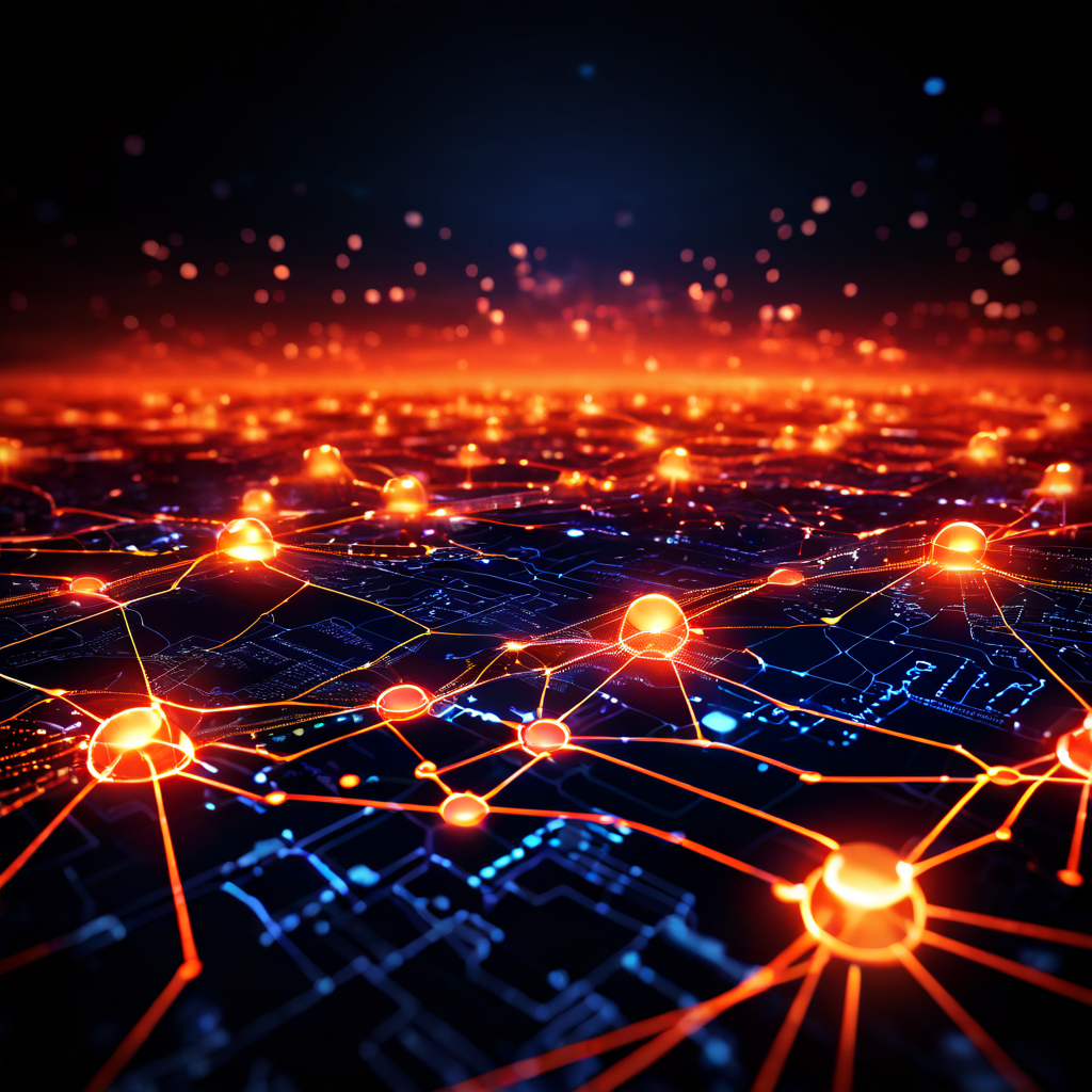 사용자 노드 간의 감시와 데이터 흐름을 강조하는 네트워크 안을 이동하는 빛나는 점들을 추적하는 디지털 맵 이미지입니다.