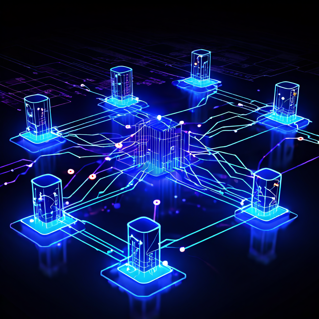 실시간 데이터 동기화 및 쿼리 프로세스를 설명하는 기술 다이어그램으로, 연결된 데이터베이스 간의 데이터 흐름을 화살표와 네트워크 노드, 빛나는 선으로 시각화한 이미지입니다.