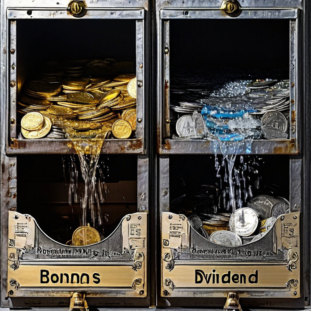 기업 금고에서 유출된 두 개의 별도 코인 흐름이 각각 보너스 배당과 정기 배당 상자로 향하는 회사 배당금 분배 구조를 설명하는 다이어그램입니다.