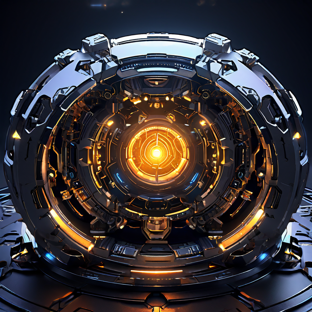 첨단 기술 플랫폼의 근접 촬영으로, 복잡한 보안 잠금 장치와 견고한 지지 구조물이 빛나는 핵심부를 둘러싸고 있는 고성능 시스템의 안정성을 상세히 보여줍니다.