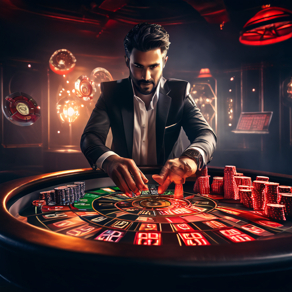 룰렛 테이블에서 주사위를 던지는 도박꾼과 함께 배경에 유령처럼 스쳐 지나가는 확률 차트와 연패 카운터가 도박의 불확실성과 위험을 상징적으로 표현하는 이미지입니다.