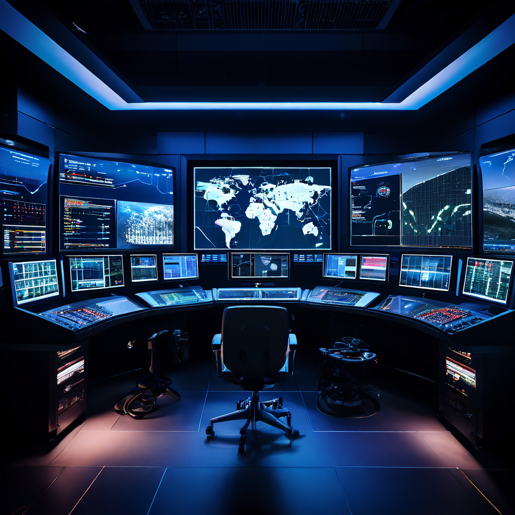 자동화된 시설을 운영하는 첨단 제어실 내부로, 여러 대의 모니터에 실시간 드론 영상과 네트워크 다이어그램, 각종 데이터가 표시되어 있습니다.