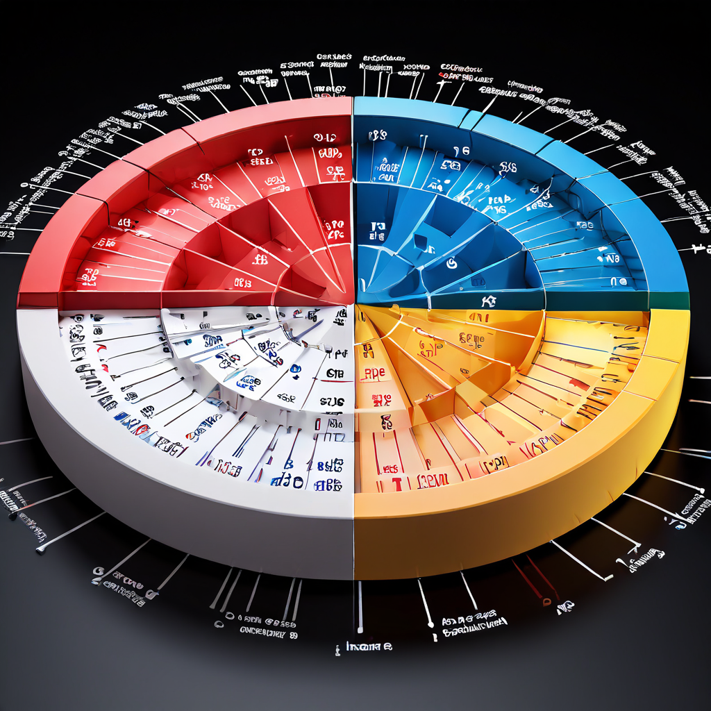 확률 이론을 시각화한 3D 파이 차트로, 각기 다른 확률 퍼센트가 표시된 불균등한 조각들과 배경에 수학적 확률 공식이 함께 나타나 있습니다.