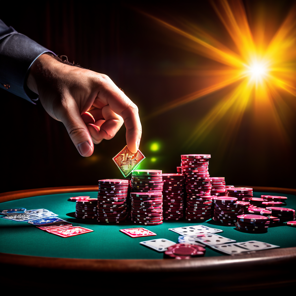 포커 플레이어가 확률 계산을 마치고 자신 있게 모든 칩을 중앙으로 밀어 넣는 순간을 옆의 수학적 확률 차트와 함께 보여주는 이미지입니다.