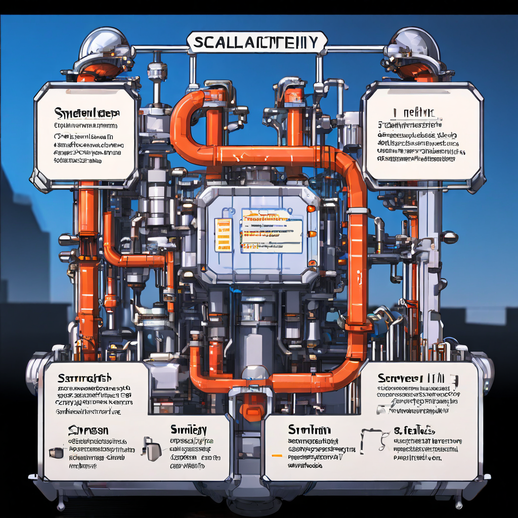 확장성과 지연 시간 같은 설계 용어가 적힌 다층 메쉬로 구성된 복잡한 기계적 필터의 클로즈업과 배경의 흐름도가 기술 시스템의 아키텍처를 시각적으로 설명하는 이미지입니다.