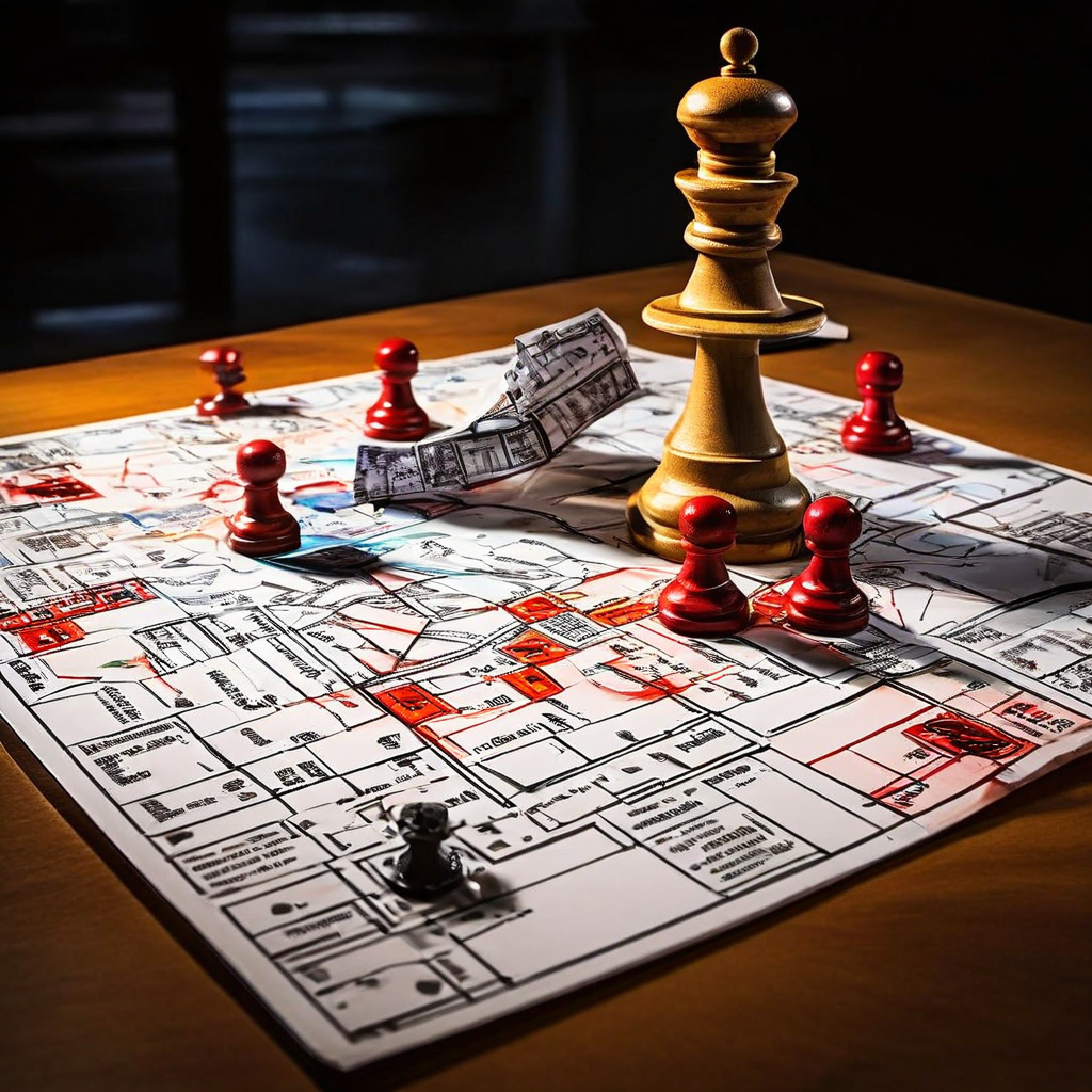 보험 정책 문서가 추락하여 게임 보드 전략 계획을 분쇄하는 모습으로, 두 개념 간의 명확한 단절과 전략적 계획에 대한 예상치 못한 리스크를 시각적으로 표현한 이미지입니다.