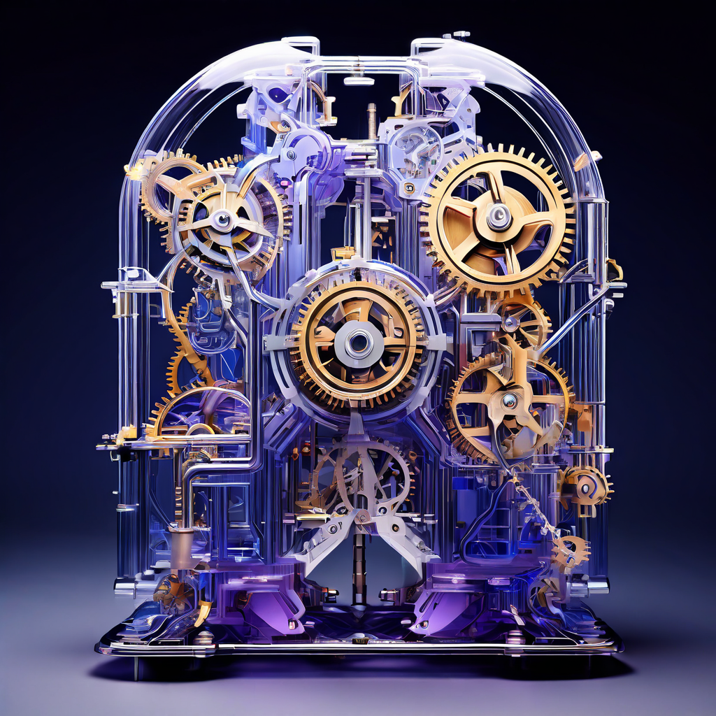 신뢰를 상징하는 복잡한 투명 기계의 정밀하게 맞물린 기어와 레이어가 안전하고 정교한 시스템을 구성하는 모습을 보여주는 이미지입니다.