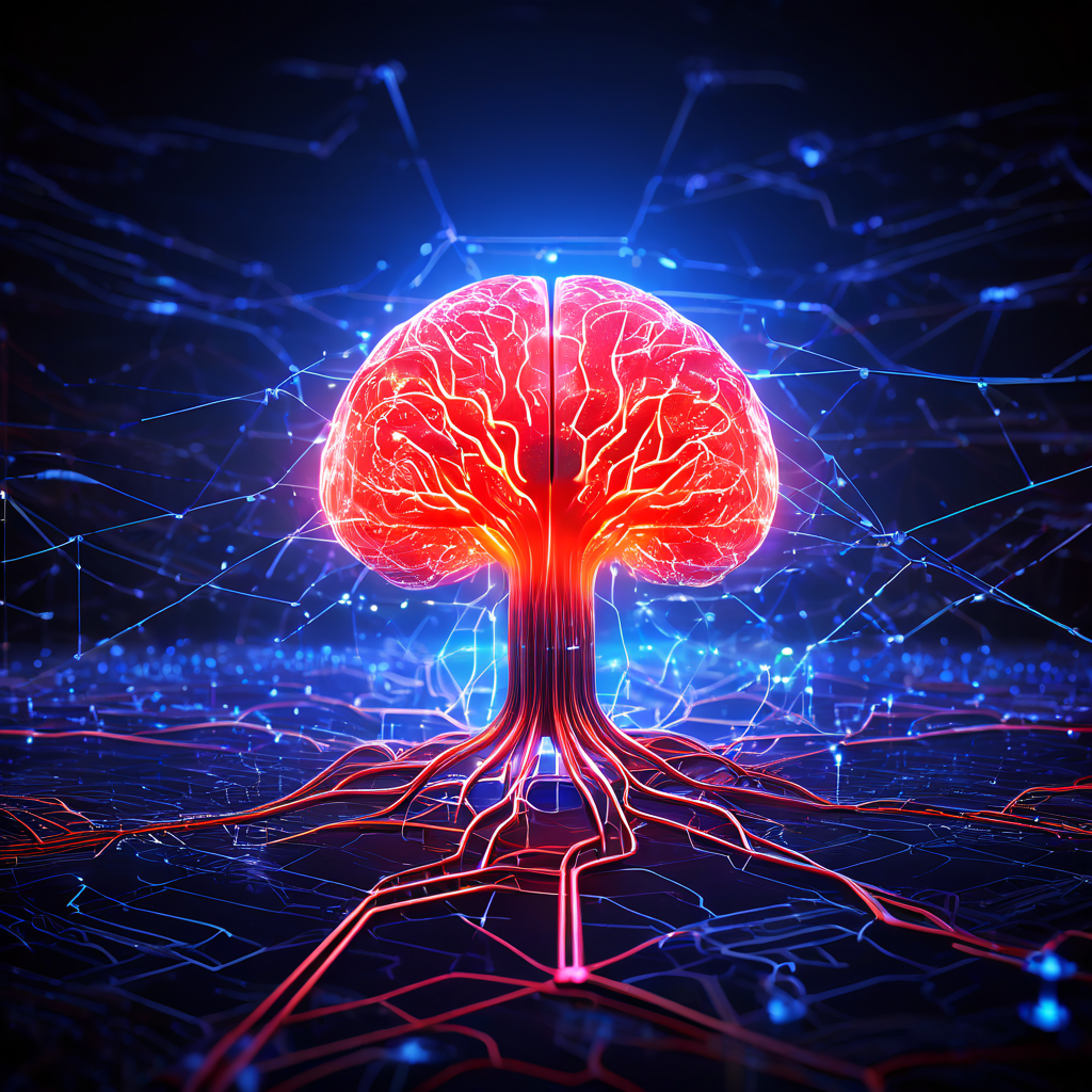 강력한 지능형 조기 경보 시스템을 상징하는 뇌 형태의 중심부와 연결된 노드 및 경고 심볼로 구성된 빛나는 네트워크 구조를 묘사한 개념도입니다.