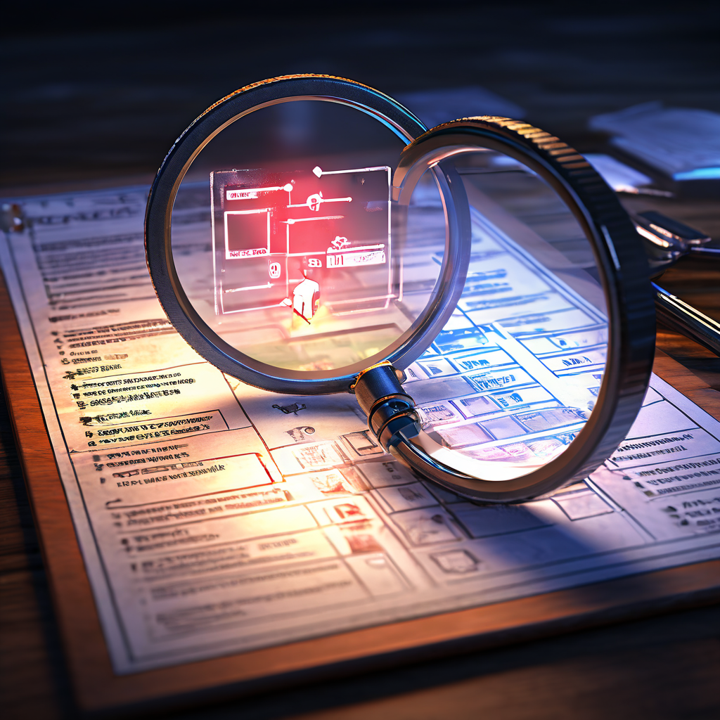 게임 인터페이스에서 투명성 체크리스트를 확대경으로 강조하며, 작업 흐름을 한눈에 확인할 수 있는 프로세스 분석 도식의 모습을 담은 이미지입니다.