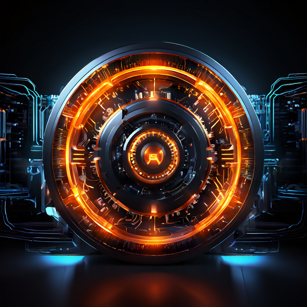 데이터 허브와 연결된 빛나는 기어 시스템이 강력하고 효율적인 엔진으로 원활하게 통합되어 성능이 향상되는 과정을 디지털 화살표로 표현한 기술 혁신 이미지입니다.