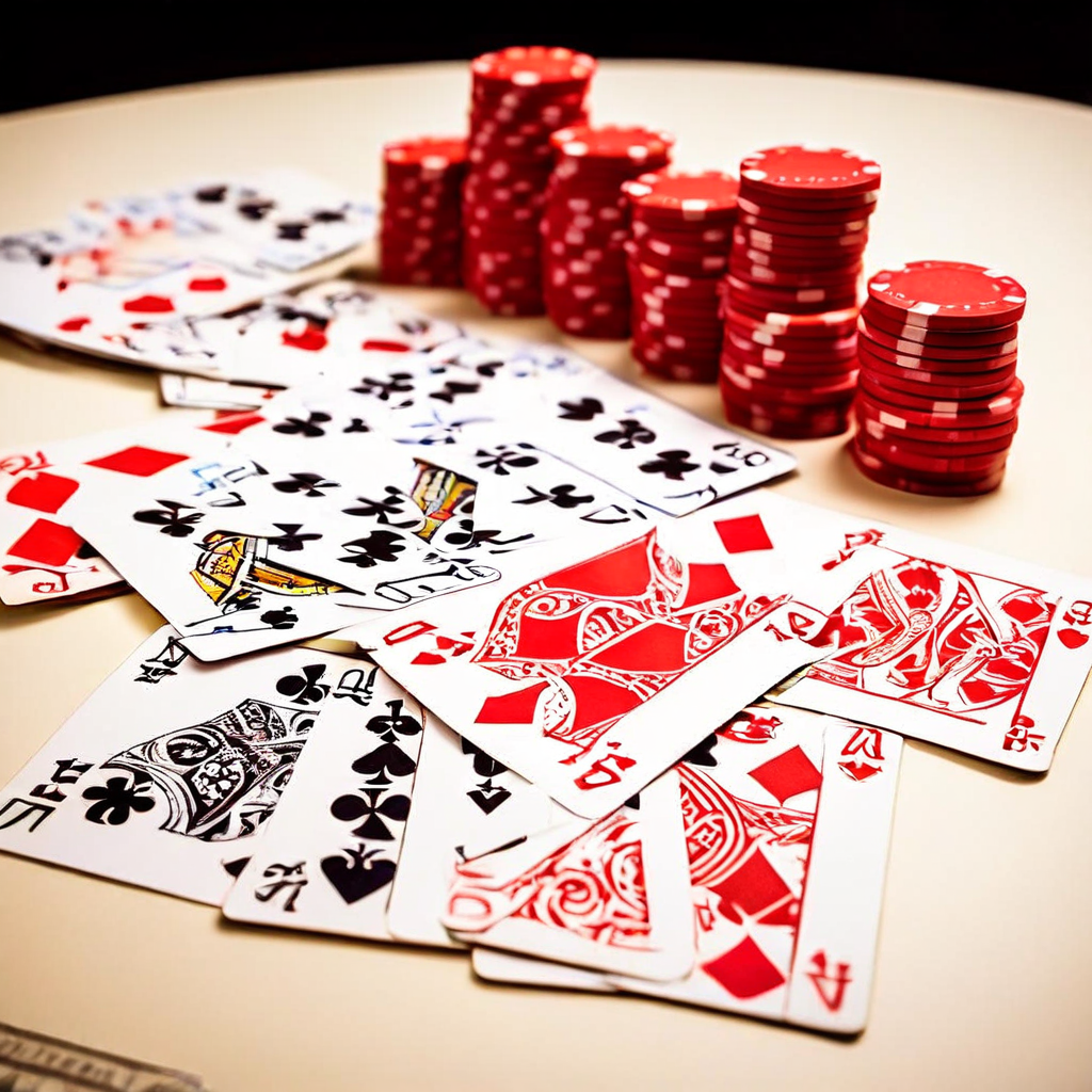 통계 차트 위에 겹쳐진 포커 카드와 빨간색 마커가 딜러의 약한 핸드를 포함한 카드 분포 패턴을 시각적으로 분석하는 모습을 보여줍니다.