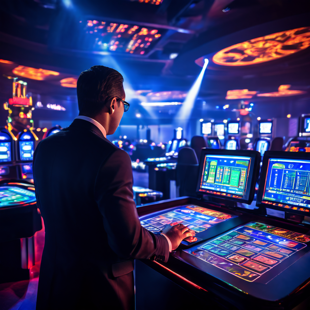 라이브 카지노 테이블을 면밀히 감시하는 공인 감독관과 전면에 배치된 빛나는 무작위 숫자 생성기(RNG) 장치가 공정한 게임 운영을 보장하는 모습을 담은 3번째 이미지입니다.