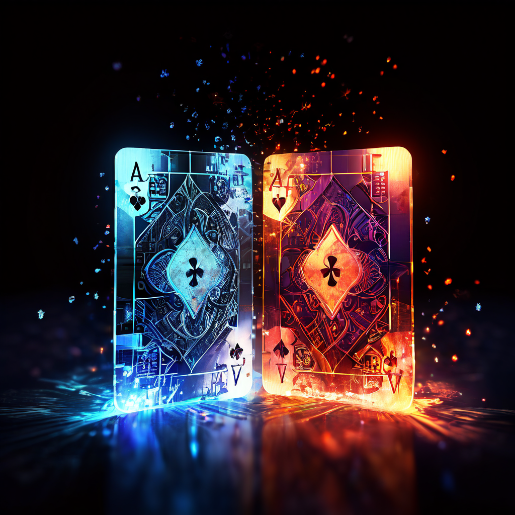 분리되는 두 장의 카드 사이로 확률 퍼센트와 수학 공식이 빛나는 확률과 통계의 핵심 개념을 시각적으로 표현한 이미지입니다.