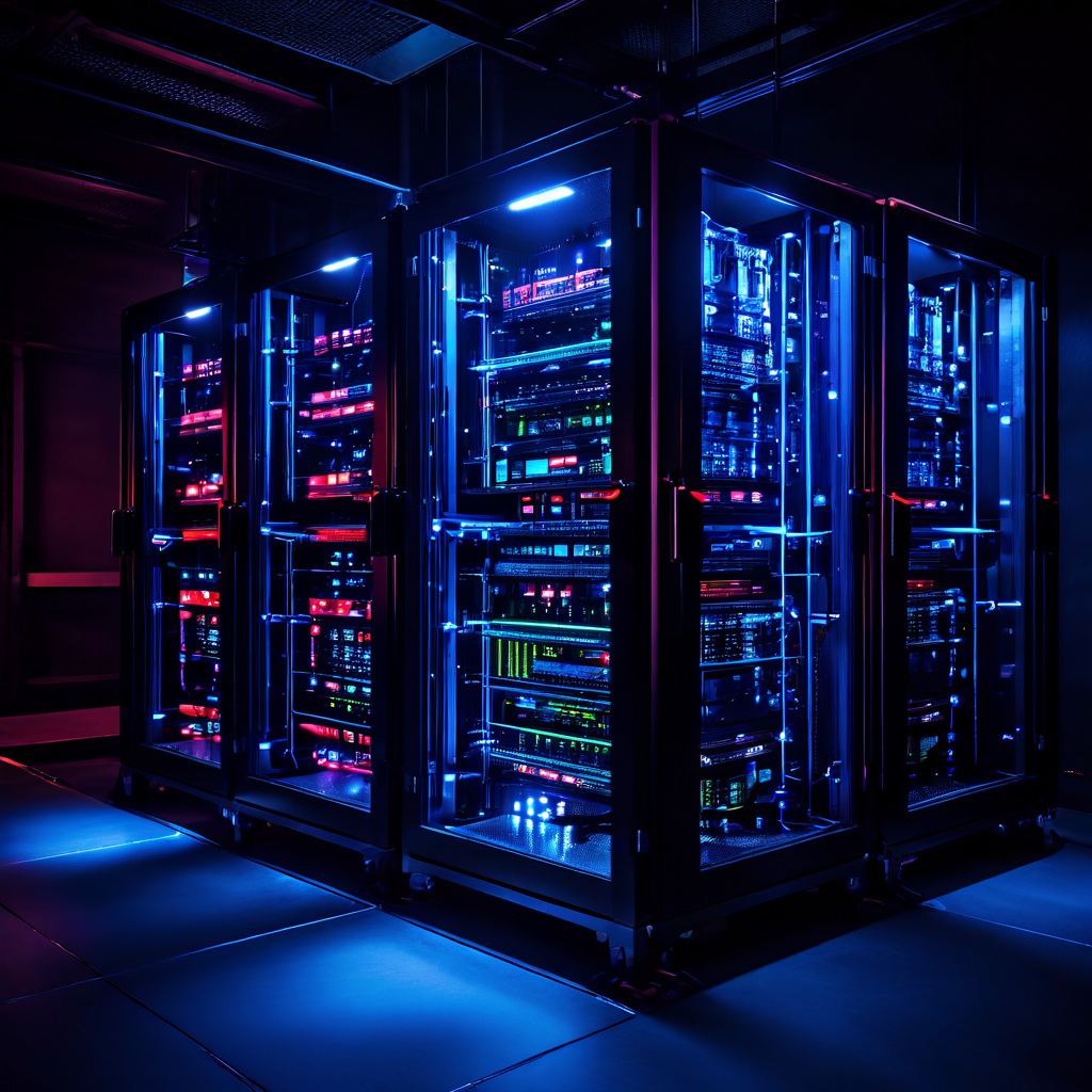 어둠 속에서 자율 운영 중인 서버 랙이 장애 조치 시스템 다이어그램과 백업 전력 흐름을 보여주며 데이터센터의 고가용성과 재해 복구 계획을 시각화합니다.