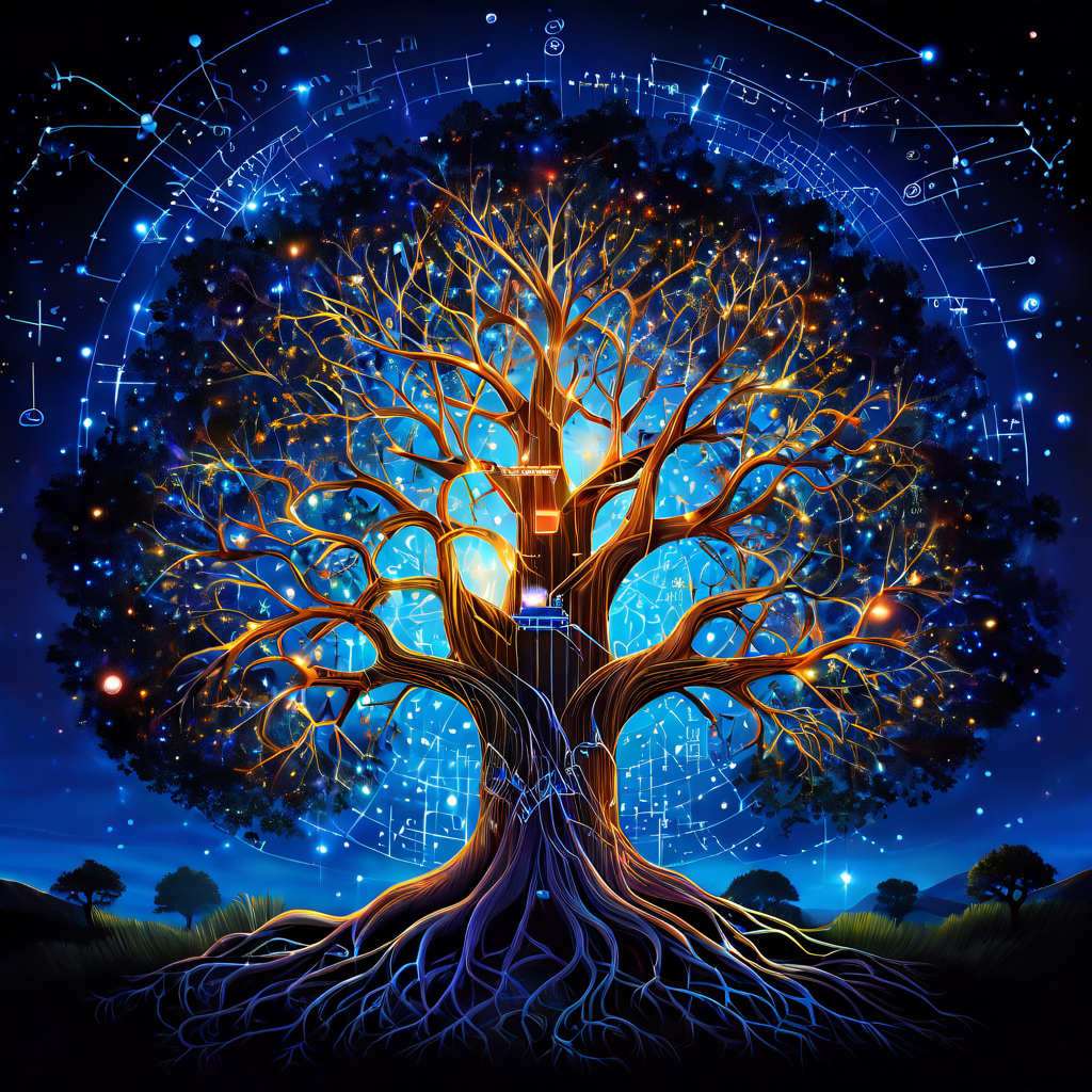 논리와 확률을 뿌리로 삼아 뻗어나간 수학적 나무가 신경망과 의사결정 흐름도로 가지를 이루며 별빛 아래 복잡하게 빛나는 모습을 표현한 개념 이미지입니다.