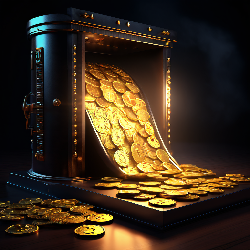 디지털 금고에서 빛나는 코인이 원장으로 흘러들어가며, 안전한 화폐 변환의 가치 있는 역사를 상징적으로 표현한 이미지입니다.