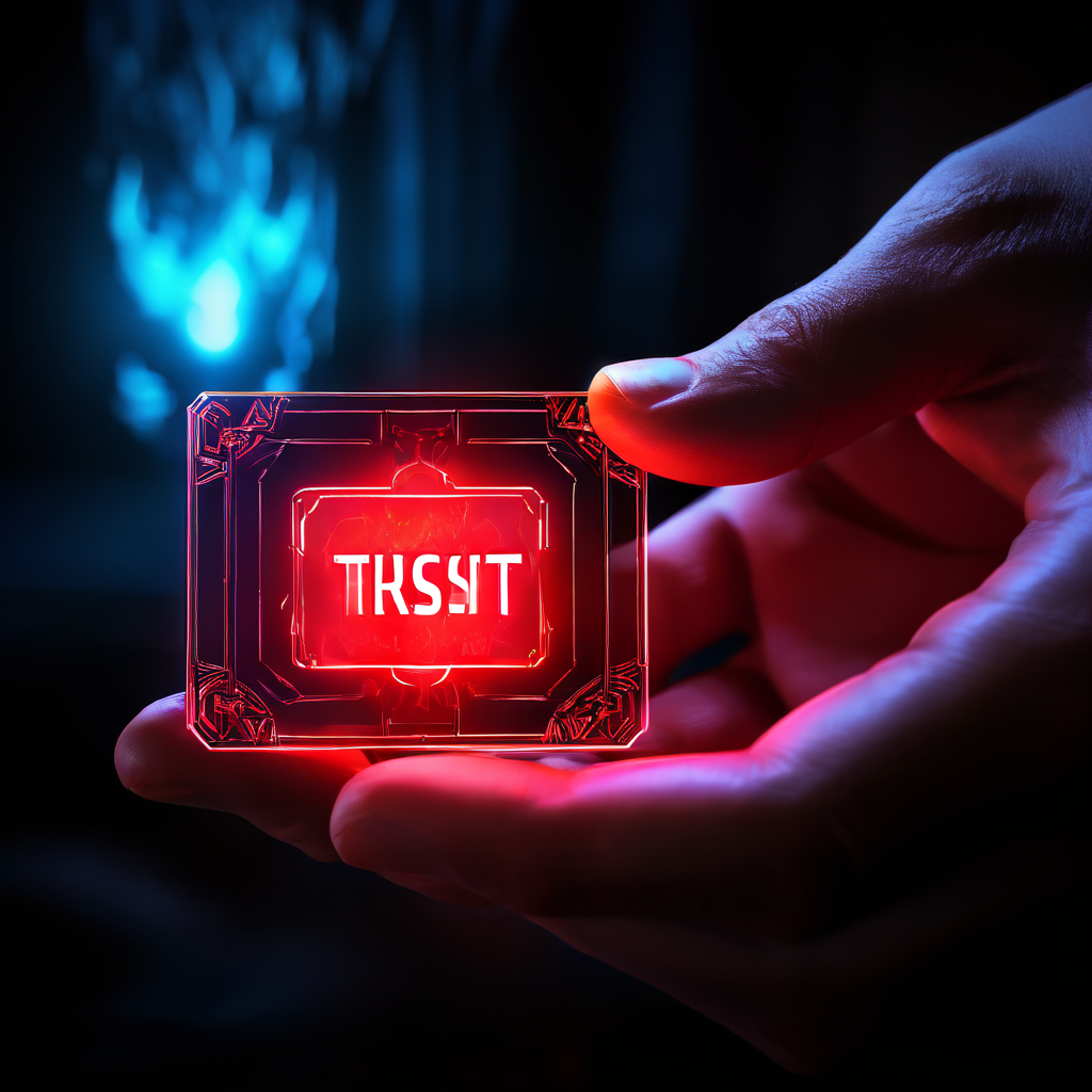 온라인 게임에서 상대방의 숨겨진 카드와 의도를 투명하게 보여주는 화면을 바라보며 플레이어가 빛나는 '신뢰' 버튼 위에서 망설이는 손을 내미는 순간을 담은 이미지입니다.