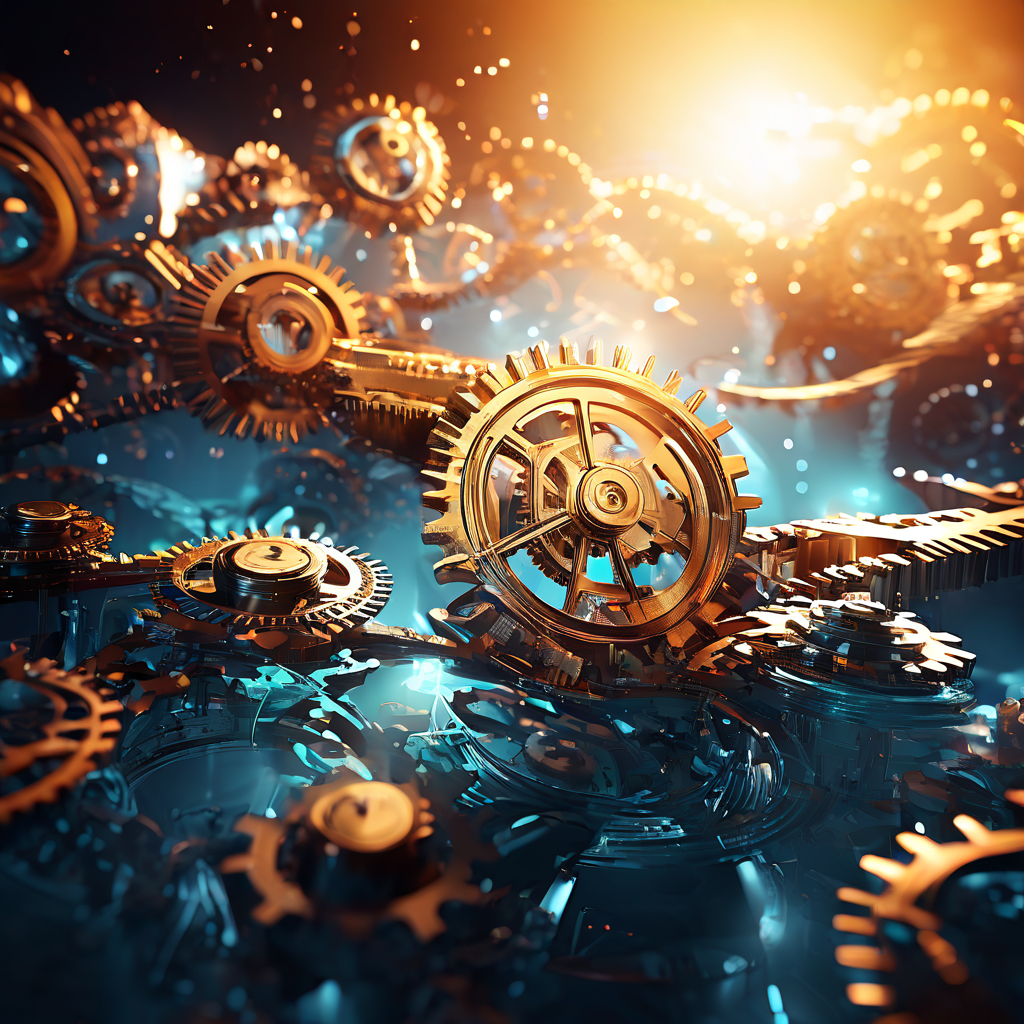 추상적인 물리적 과정을 시각화한 초현실적 디지털 일러스트로, 기어와 톱니바퀴가 유동적인 데이터 스트림으로 변형되고 고체 물질이 빛 입자로 전환되는 메커니즘의 대체와 시각적 재창조를 상징적으로 표현합니다.