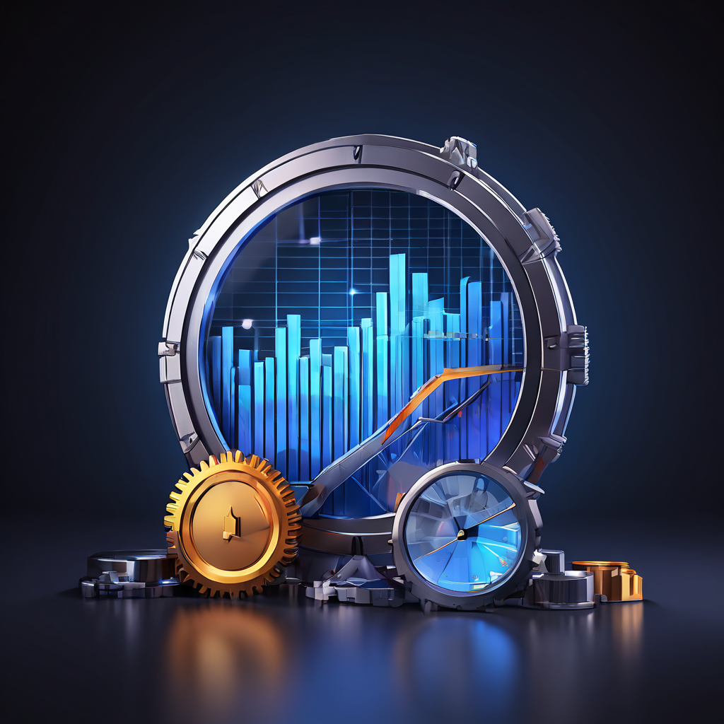 이미지는 효율성 기어와 확대경이 분석하는 보호막 메커니즘 아래 수익률 막대 그래프가 꾸준히 상승하는 모습을 시각화하여, 강력한 위험 관리와 운영 효율화가 기업 수익 성장을 견인하는 핵심 요소임을 보여줍니다.