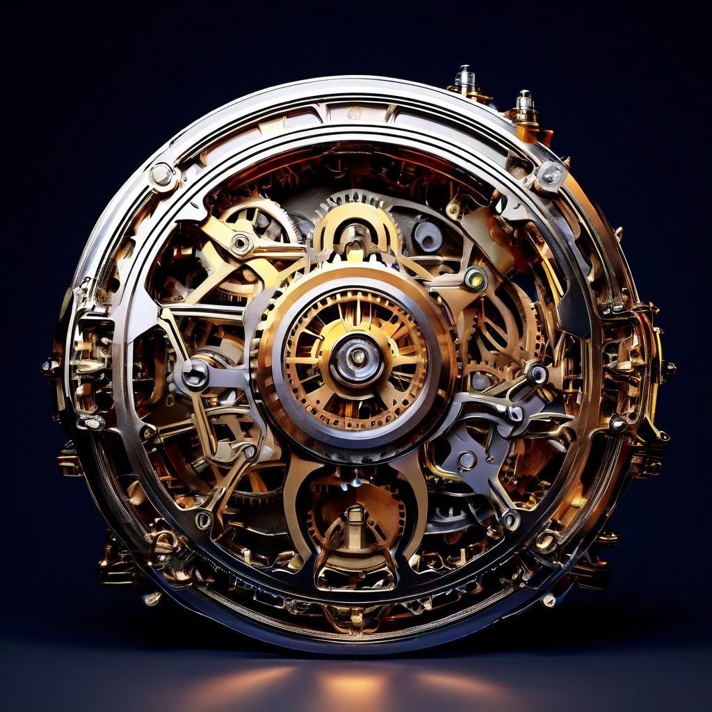 4번째 이미지는 스스로를 개선하며 영구적으로 회전하는 루프형 기어 시스템 안에 에너지를 발산하며 빛나는 정교하고 세련된 기계 부품을 묘사합니다.