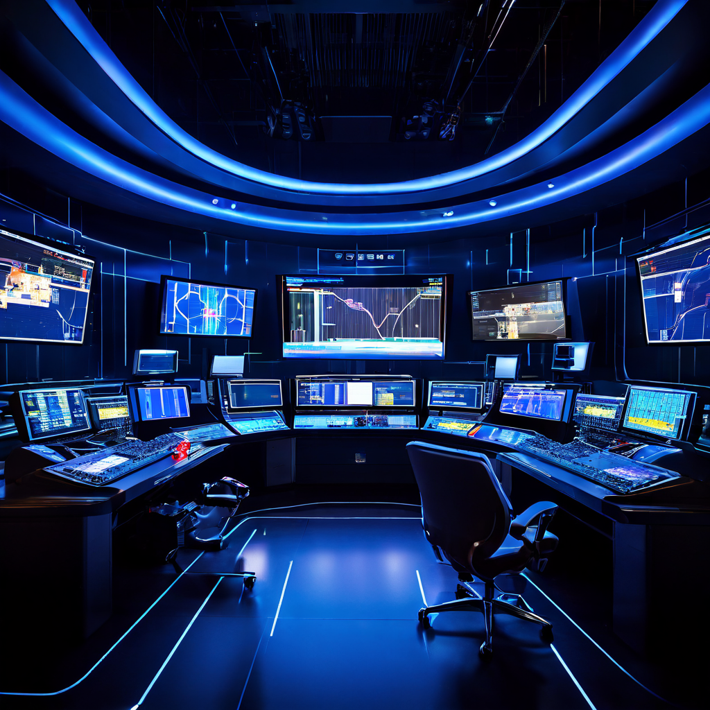 실시간 검증과 절차적 조화를 상징하며 홀로그램 데이터 스트림과 생방송 피드가 정밀하게 동기화된 방송 제어실에서 운영자들이 협업하는 첨단 미디어 환경을 보여주는 이미지입니다.