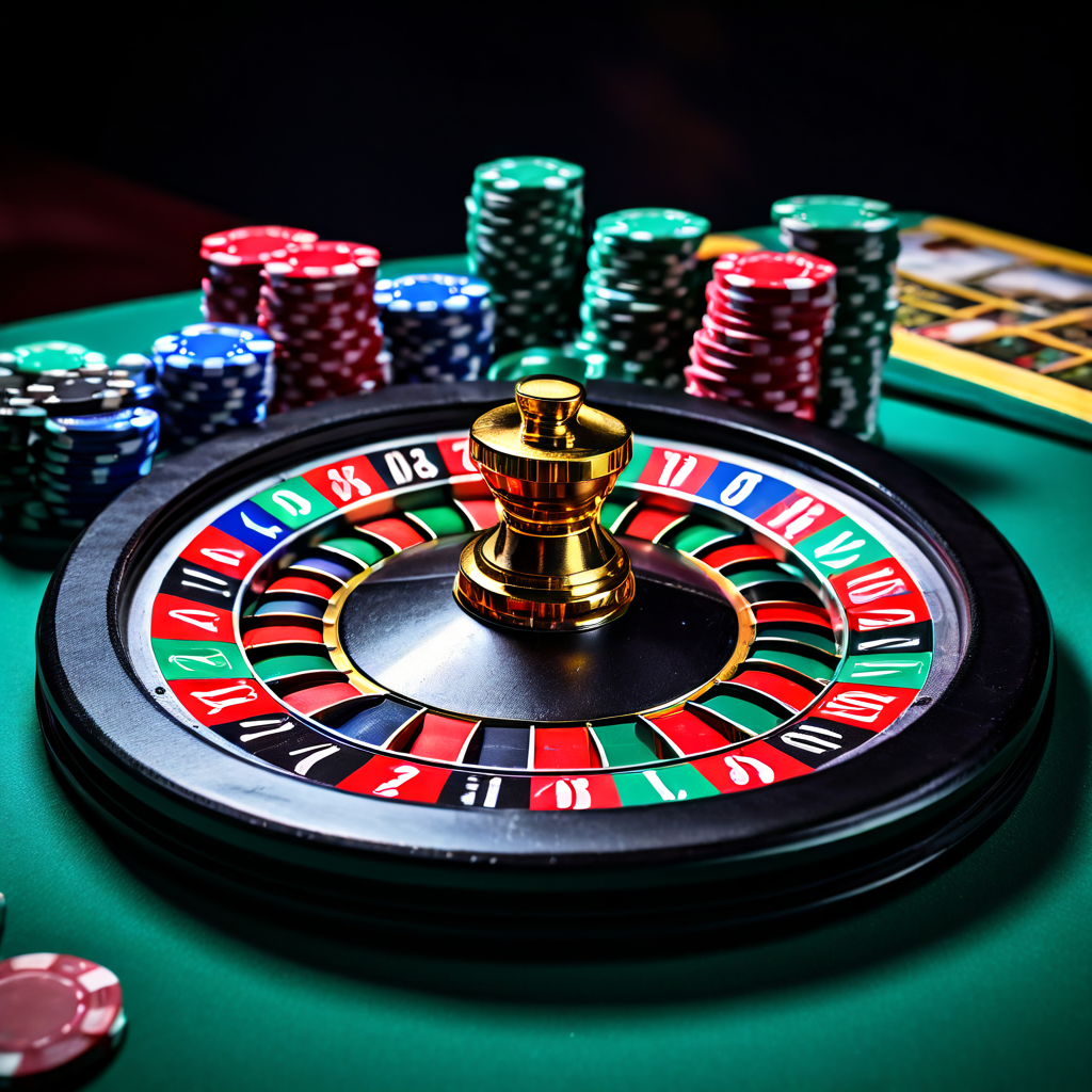 룰렛 휠의 클로즈업 샷으로, 칩 더미와 함께 뱅크와 같은 콜 베팅 구역이 명확하게 표시된 베팅 매트가 카지노 게임의 세부 규칙을 보여줍니다.