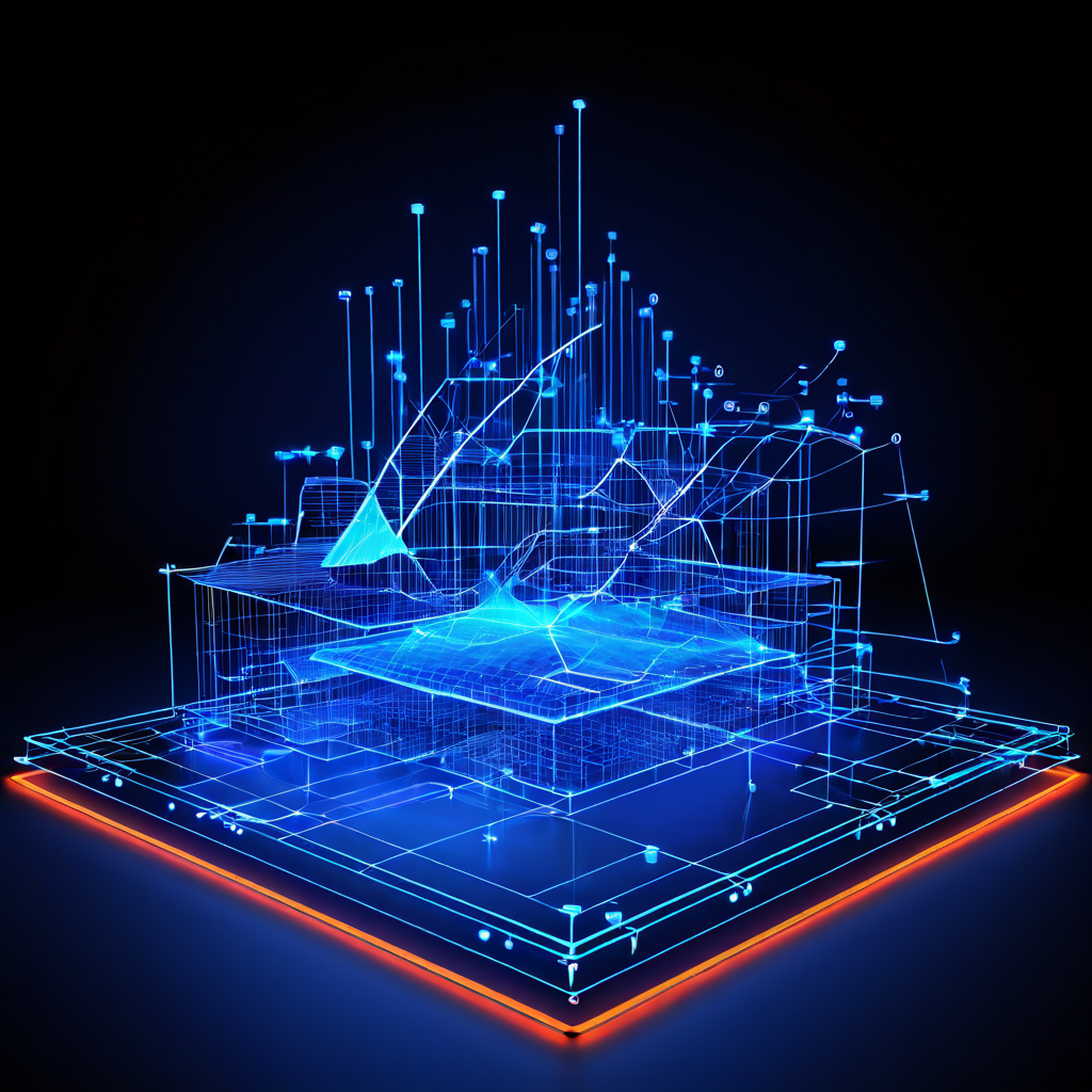 3D 와이어프레임으로 구현된 기하학적 구조물에 디지털 캘리퍼스가 접목되어 구조 안정성 메트릭스와 빛나는 데이터 그래프를 실시간으로 분석하는 첨단 디지털 엔지니어링 과정을 보여줍니다.