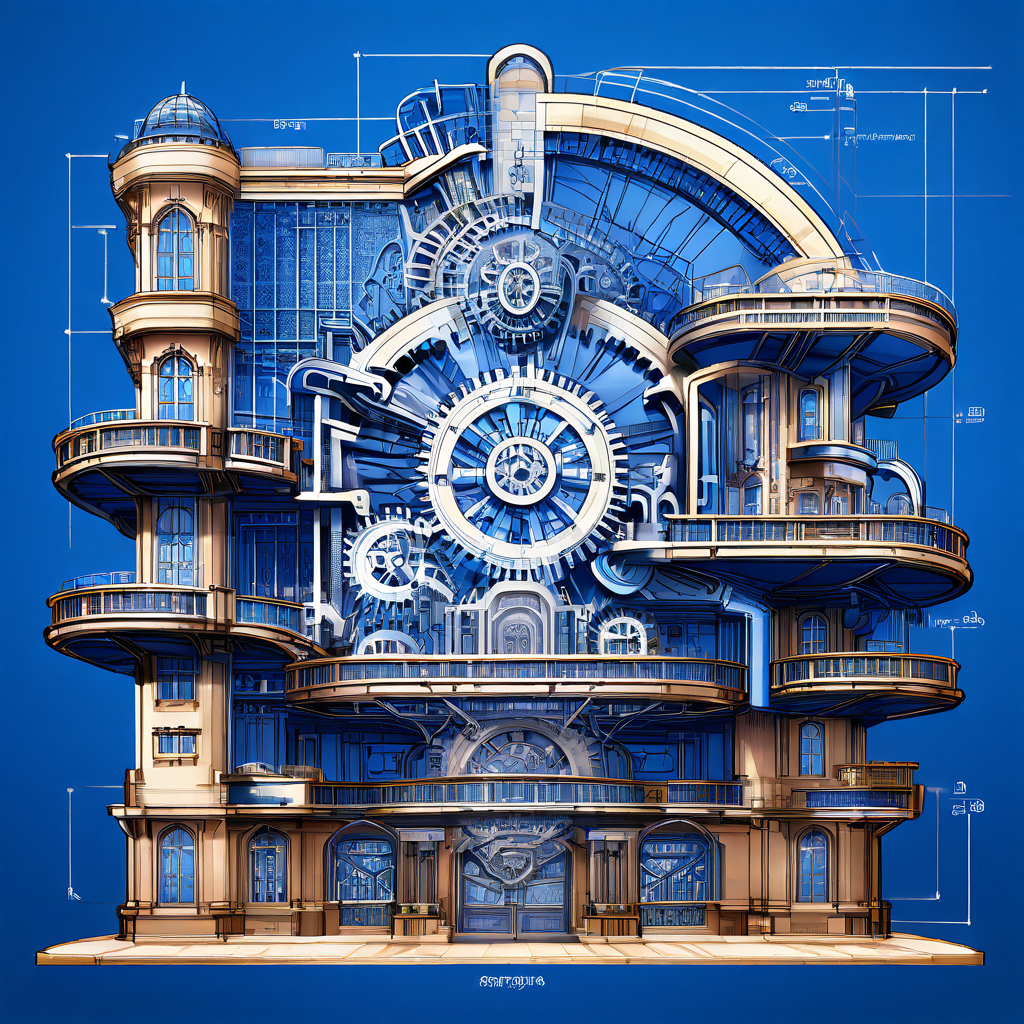 카지노의 수학적 우위를 시각화한 상세한 건축 설계도로, 건물 구조물에 기어와 알고리즘이 통합되어 작동 원리를 보여줍니다.