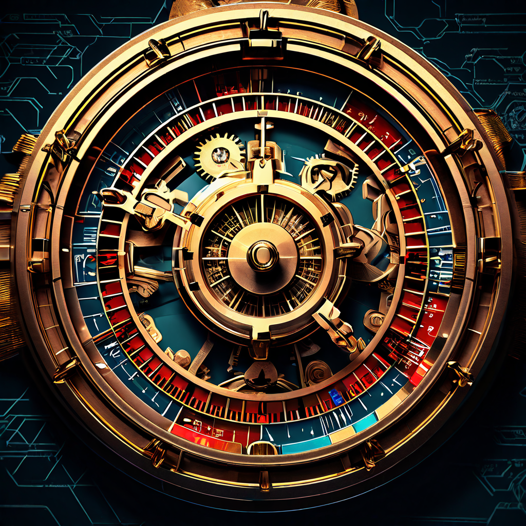 회전하는 룰렛 휠을 클로즈업한 화면에 톱니바퀴, 스톱워치, 확률 차트가 반투명 설계도 형식으로 겹쳐져 도박의 운과 확률 계산이 공존함을 시각적으로 표현한 이미지입니다.
