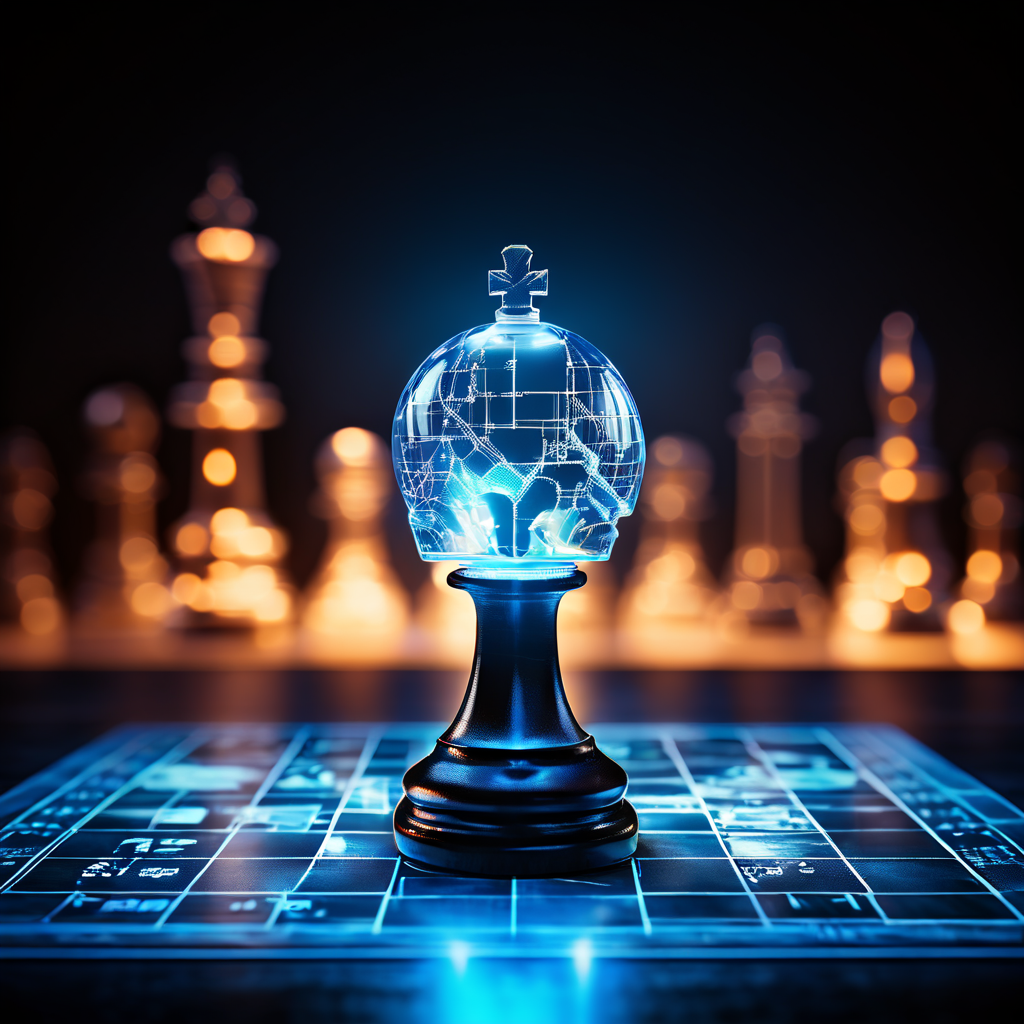 전략적 판단과 위험 계산을 상징하며 체스 말이 배치된 전략 지도 위에 투명한 플레이어 실루엣 속에서 빛나는 인간 두뇌가 보입니다.