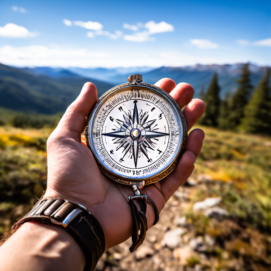 지도 위에 명확한 경로가 표시된 상태에서 실용적인 나침반을 손에 든 모습은 구체적인 목표 설정과 실행 가능한 방향성을 상징적으로 보여줍니다.