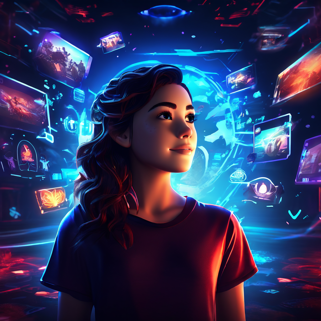 스트리머의 집중된 눈동자에 반사된 화면 빛과 주변에 떠다니는 게임 아이콘, 시청자 아바타가 몰입감 넘치는 디지털 스토리텔링 환경을 형성하는 모습을 담은 이미지입니다.