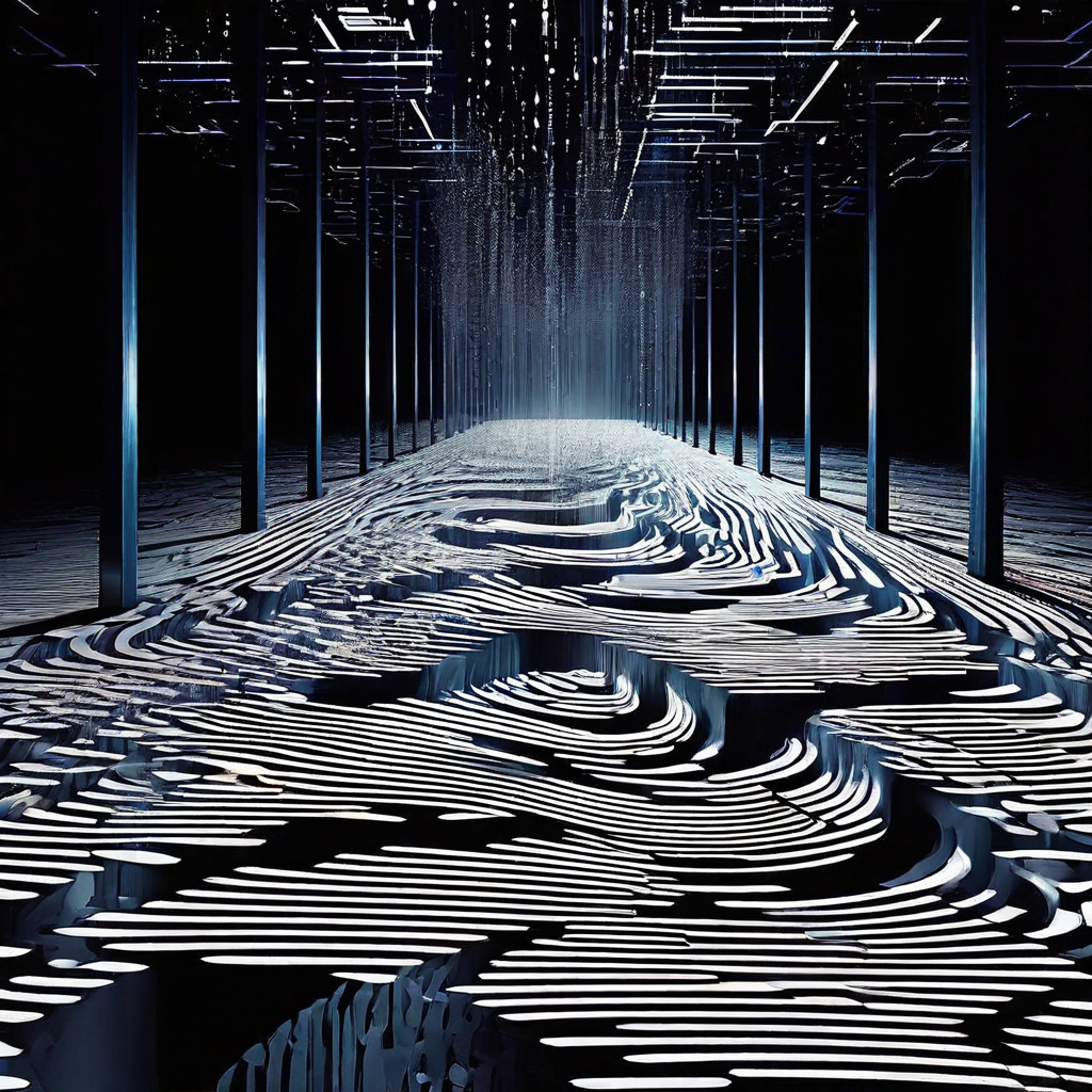 데이터 스트림 형태로 유동적인 SHU 텍스트가 오해의 소지가 있는 패턴으로 흐르며 해석상의 위험성을 강조하는 초현실적이고 눈속임적인 광학 착시 이미지입니다.