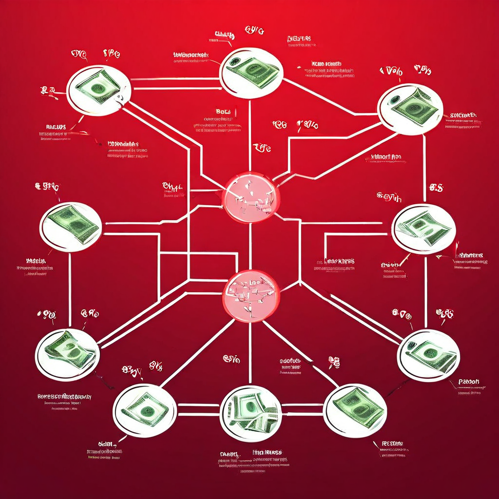 체계적인 투자 전략을 표현한 추상적 흐름도로, 자본이 베팅과 수익과 같은 라벨이 붙은 노드 사이를 이동하는 금융 프로세스를 시각적으로 설명합니다.