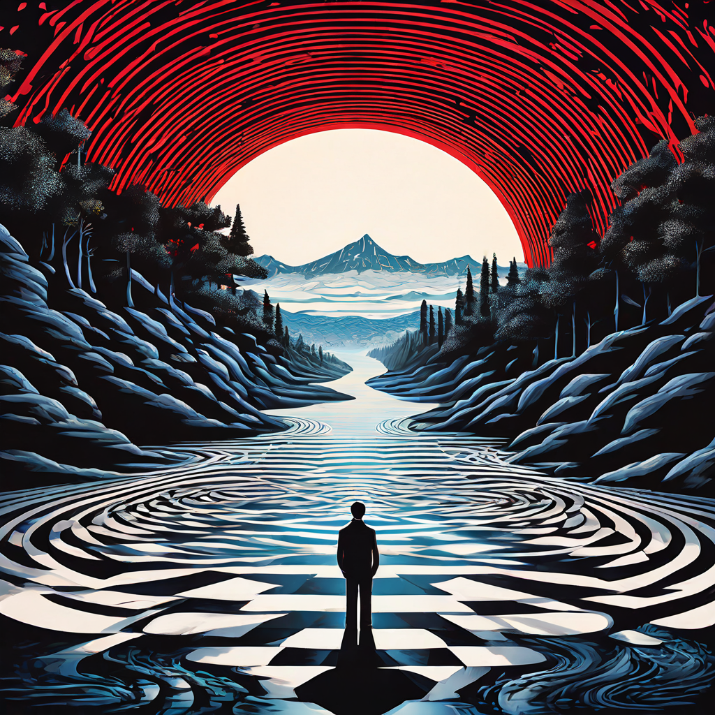 인간의 마음이 흐르는 강의 환상을 보는 동안, 분리된 분석적 시선은 그 아래에 숨겨진 정적인 기하학적 패턴의 진실을 관찰하는 개념을 시각화한 이미지입니다.
