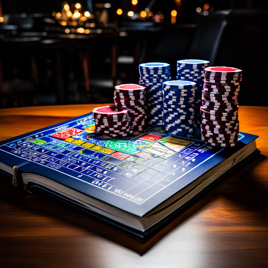 태국 베팅의 유혹을 시각적으로 표현한 이미지로, 화려한 카지노 칩이 복잡한 수학 방정식과 확률 그래프가 적힌 열린 책 위에 균형을 이루고 있습니다.