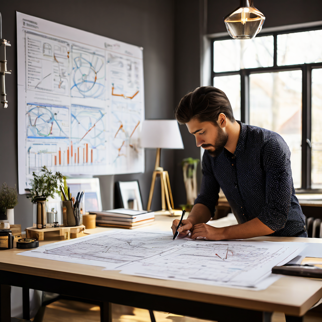사용자가 책상 스타일과 높이를 측정 도구와 자세 다이어그램을 참고하며 고민하는 모습을 보여주는 이미지로, 올바른 책상 선택이 업무 효율과 건강에 미치는 중요성을 설명합니다.