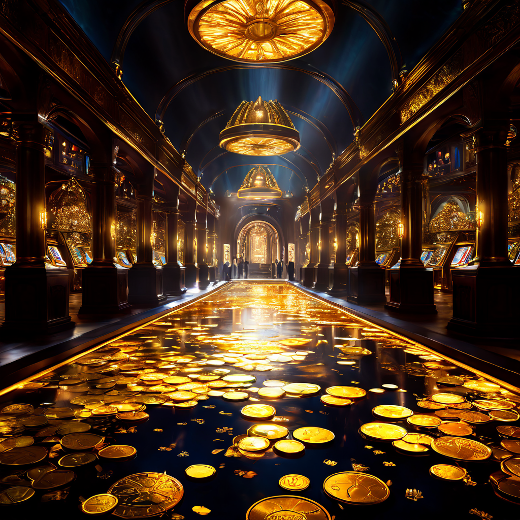 화려한 카지노에서 조명의 강이 손님들을 게임 테이블로 안내하며 황금빛 동전들이 중앙 금고로 흘러들어가는 활기찬 도박장 내부 풍경을 담은 이미지입니다.