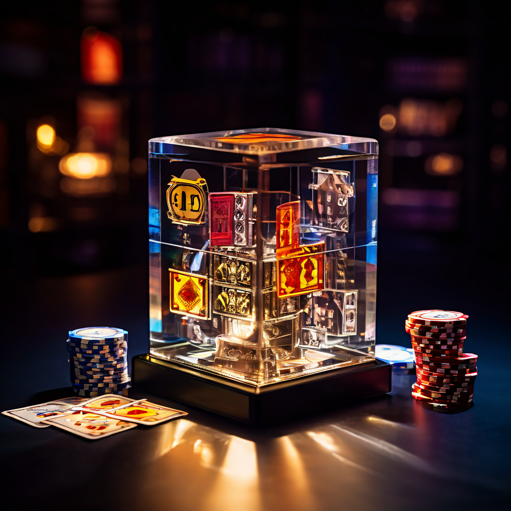 투명한 유리 큐브 안에 미니어처로 제작된 생생하게 빛나는 라이브 카지노가 들어 있으며, 확대경으로 큐브 속 정직한 주사위와 카드를 집중적으로 비추고 있는 모습을 묘사한 이미지입니다.