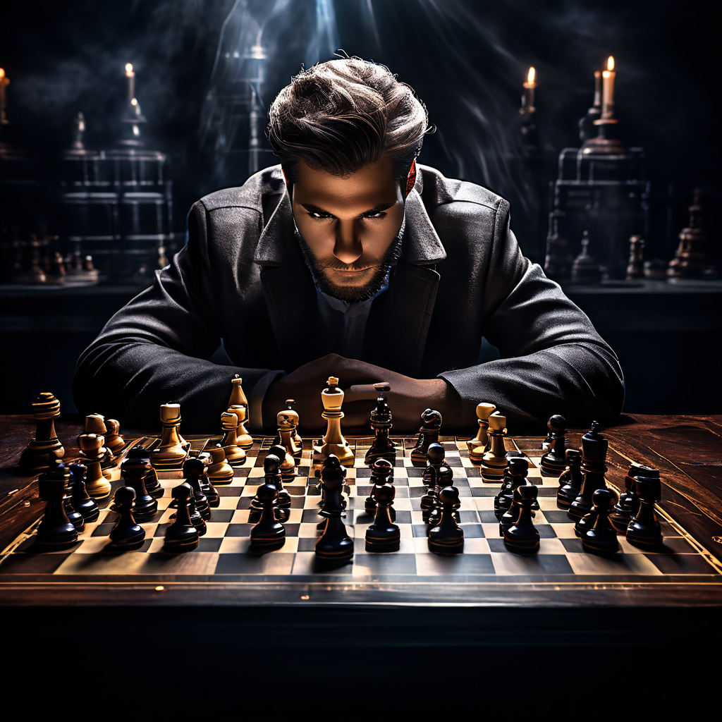 체스 선수가 복잡한 전략을 분석하며 집중하는 모습으로, 구조를 이해하고 판단력을 유지하는 전략적 사고의 중요성을 상징적으로 보여주는 이미지입니다.
