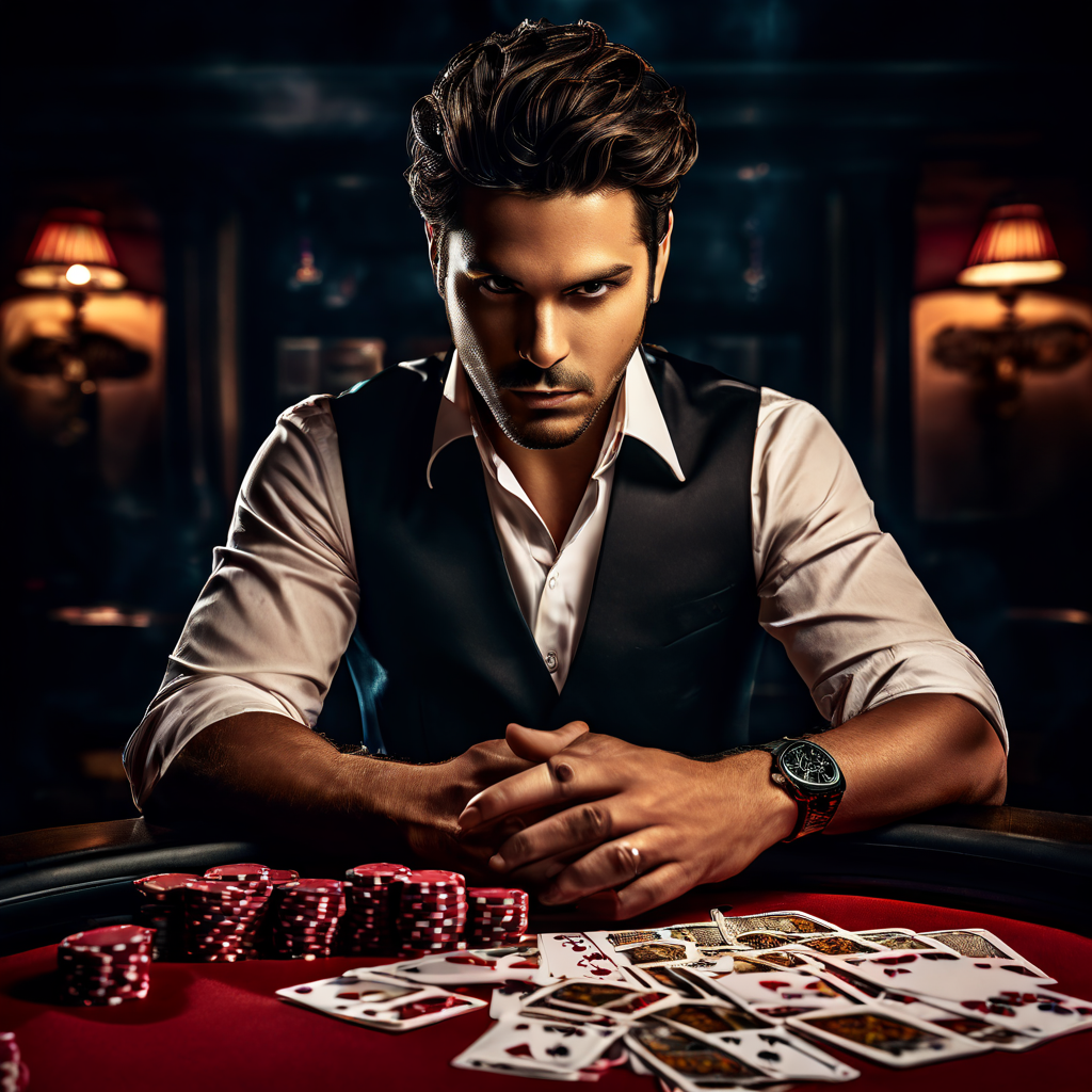 포커 선수가 집중한 표정으로 칩을 리듬감 있게 두드리는 장면 위에, 숫자 대신 플레잉 카드가 배치된 거대한 시계가 겹쳐져 시간 압박감을 시각적으로 표현한 이미지입니다.