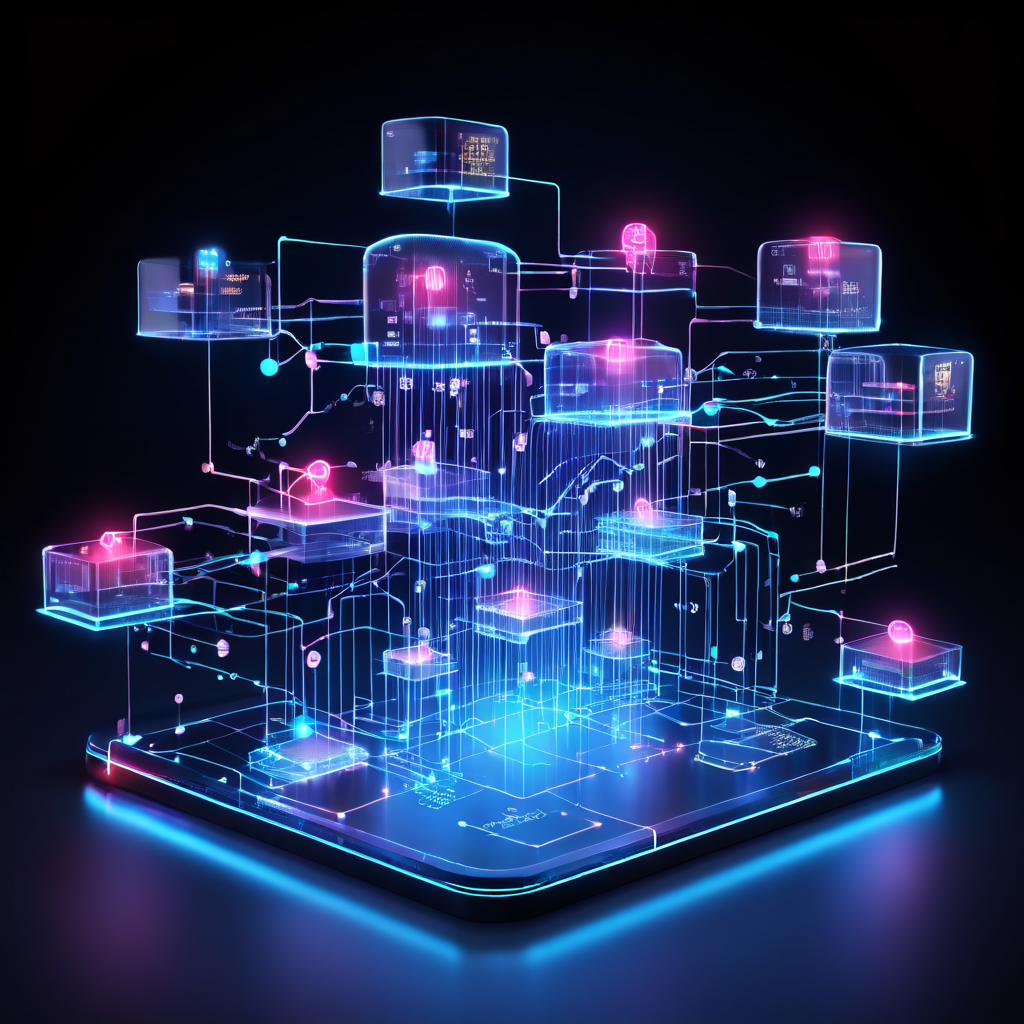 투명한 레이어로 구성된 3D 플로우차트에서 빛나는 노드와 연결선을 따라 데이터가 명확하고 안전한 디지털 거래 프로세스를 순차적으로 진행하는 모습을 시각화한 다이어그램입니다.