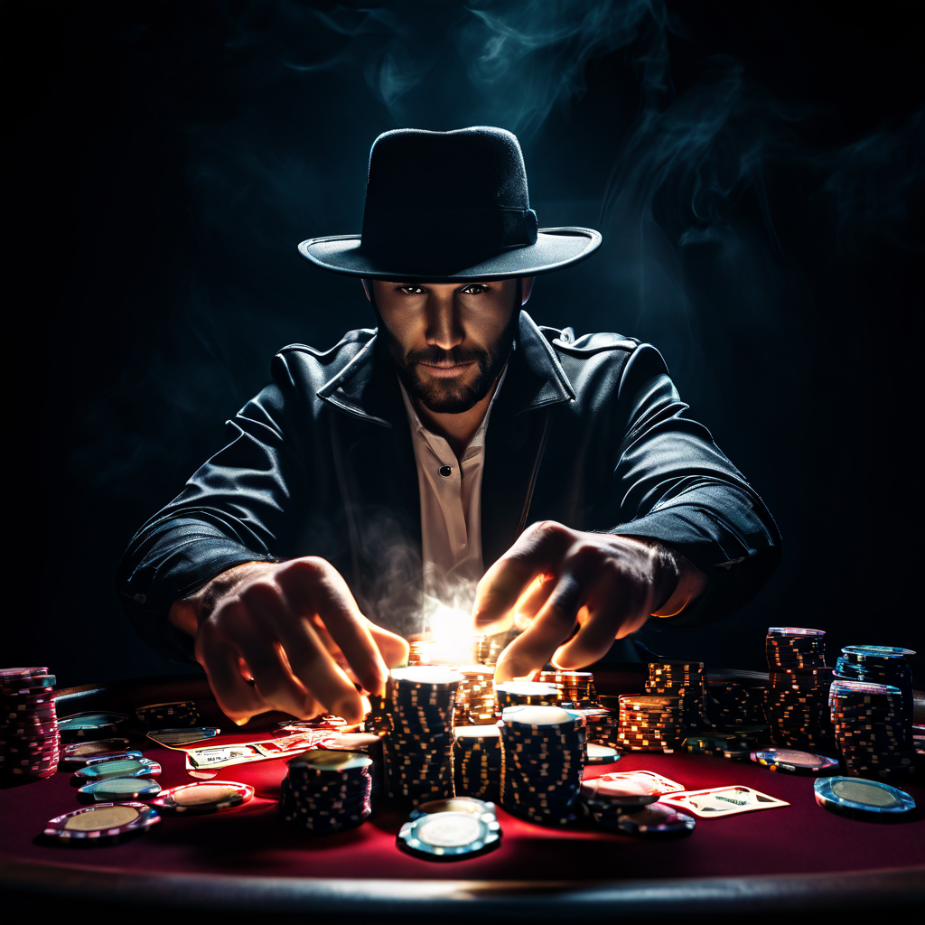 승리의 순간을 맞은 포커 플레이어가 자신감 있게 모든 칩을 테이블 중앙으로 밀어 넣는 장면이며, 성장하는 팟을 향해 희미한 유령의 손이 일부를 가져가려는 모습이 승부의 불확실성을 상징적으로 드러냅니다.