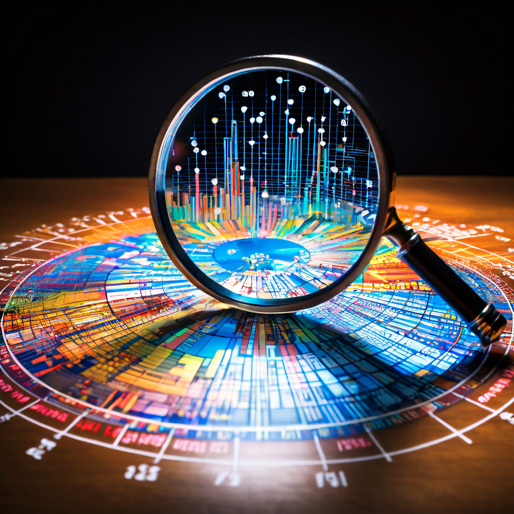 확률 차트의 복잡한 선과 숫자 속에 숨겨진 패턴과 인간 형상을 확대경으로 찾아내는 데이터 분석 과정을 상징적으로 표현한 이미지입니다.