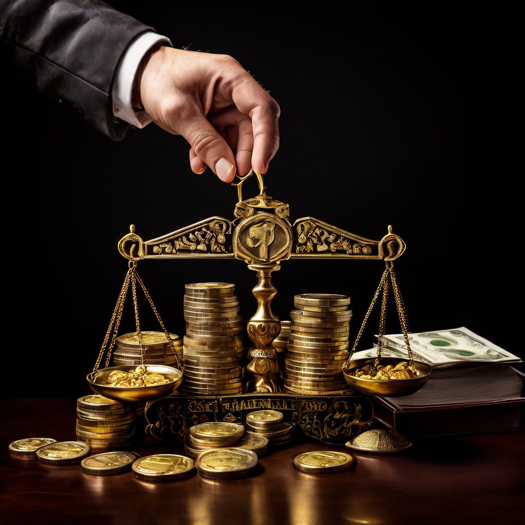 금융 상담사가 조작된 주사위와 확률 기호가 올라간 쪽으로 기울어져 있는, 수수료가 적힌 금화와의 공정성을 저울로 비교하며 윤리적 딜레마를 상징적으로 묘사한 이미지입니다.