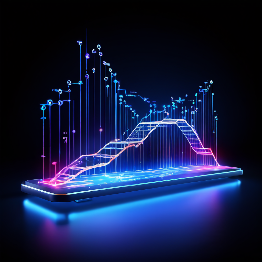 사용자와 성장하는 플랫폼의 가치 그래프를 연결하는 투명한 신뢰의 다리를 형성하는 빛나는 디지털 기록부의 개념을 시각화한 이미지입니다.