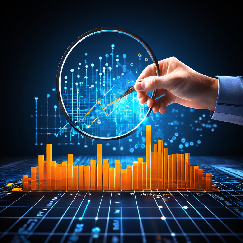데이터 분석 과정에서 핵심 이상치를 확대경으로 주의 깊게 살펴보며, 주의 표시 아래 그래프에 데이터 포인트를 정밀하게 배치하는 손을 묘사한 이미지입니다.